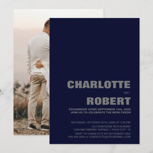 Moderne bruiloftsreceptie in Navyblauw Kaart (Voorkant / Achterkant)