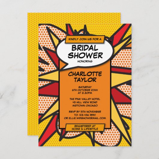 Moderne Bruiloftsshower in Comicbookstijl Uitnodiging Briefkaart (Voorkant / Achterkant)