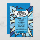 Moderne Bruiloftsshower met Strips in het Blauw Uitnodiging Briefkaart (Voorkant / Achterkant)