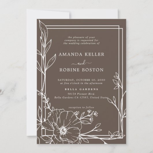 Moderne Bruine Bloemen Huwelijksuitnodiging Kaart (Voorkant)