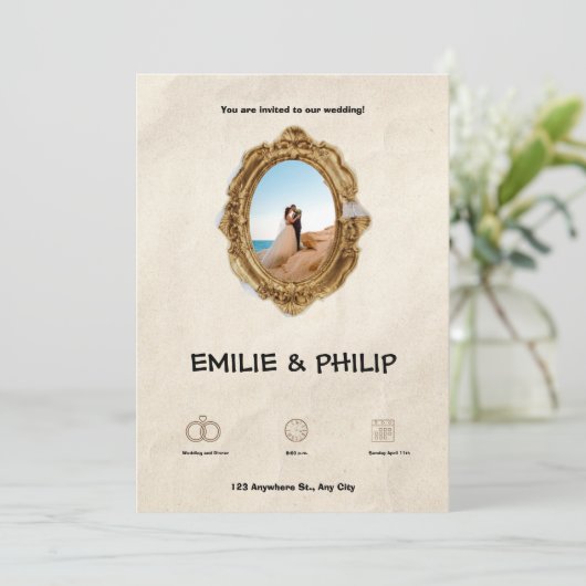 Moderne bruine bruiloft uitnodiging (Staand voorkant)