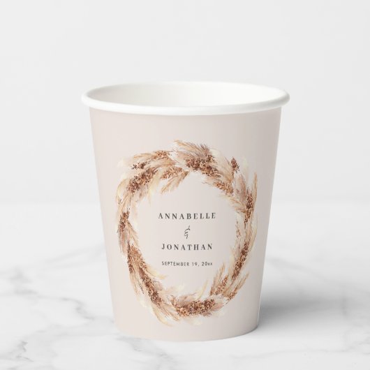 Moderne bruine bruine pampasgras bruiloft papieren bekers (Achterkant)