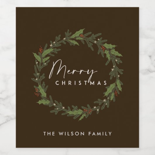 MODERNE BRUINE ELEGANTE HOLLY BERRY KRANS KERSTMIS WIJN ETIKET (Enkel label)