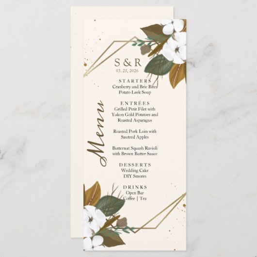 Moderne bruine en crème bloemenbruiloft menu (Voorkant / Achterkant)