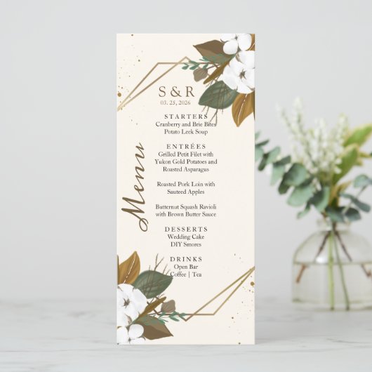 Moderne bruine en crème bloemenbruiloft menu (Staand voorkant)