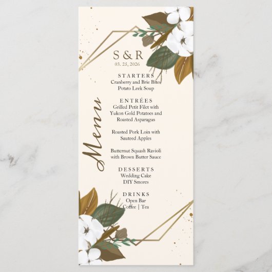 Moderne bruine en crème bloemenbruiloft menu (Voorkant)