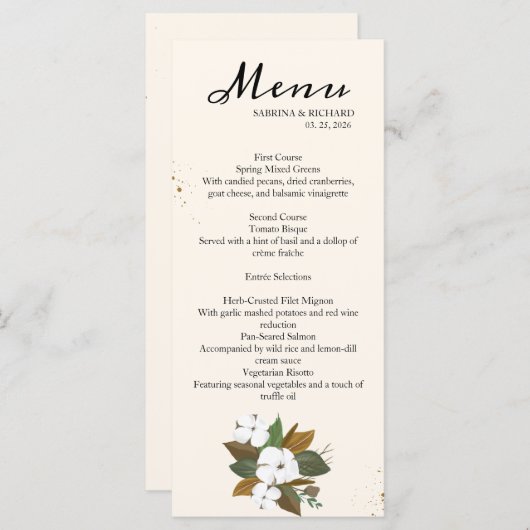 Moderne bruine en crème bloemenbruiloft menu (Voorkant / Achterkant)