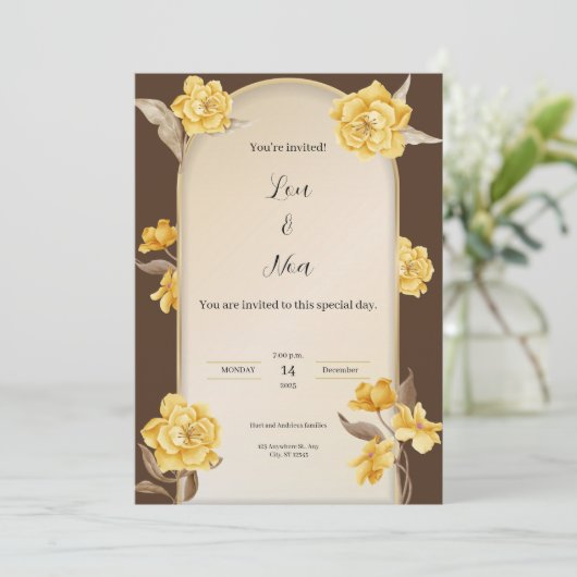 Moderne bruine en gele bruiloft uitnodiging (Staand voorkant)