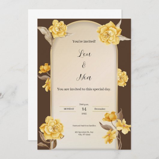 Moderne bruine en gele bruiloft uitnodiging (Voorkant / Achterkant)