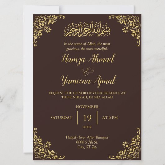 Moderne bruine en gouden moslim islamitische nikka kaart (Voorkant)