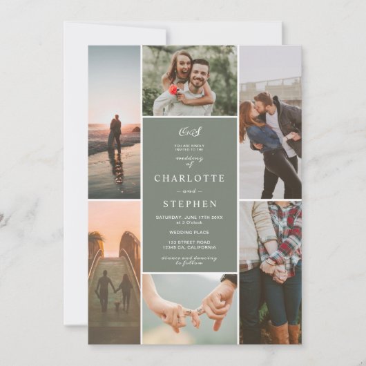 Moderne bruine initialen fotogrid bruiloft kaart (Voorkant)