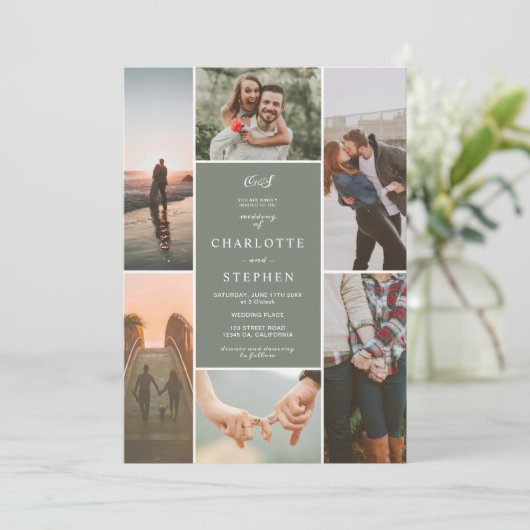 Moderne bruine initialen fotogrid bruiloft kaart (Staand voorkant)
