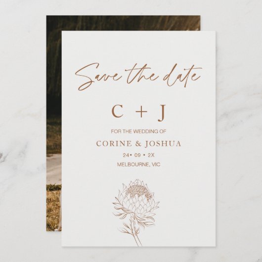 Moderne Bruine Lijn Bloemen Opslaan De Datum Kaart (Voorkant / Achterkant)