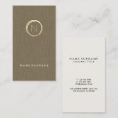 Moderne bruine linnen elegant Gold monogram - vert Visitekaartje (Voorkant / Achterkant)