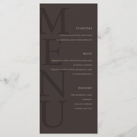 Moderne Bruine Minimalistische Trouwdag Menu (Voorkant)