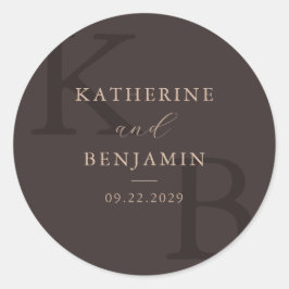 Moderne Bruine Monogram Minimalistische Trouw Ronde Sticker