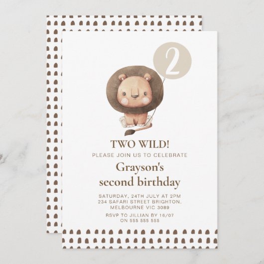 Moderne bruine Safari Leeuw Twee Wilde 2e Verjaard Kaart (Voorkant / Achterkant)