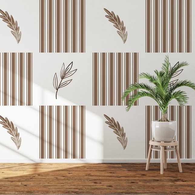Moderne Bruine Streep & Bladschil en Stok Behang (Modern Brown Stripe & Leaf Peel and Stick Wallpaper)