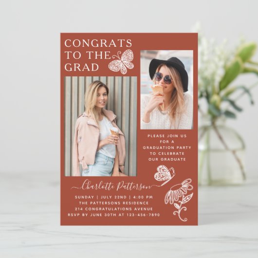 Moderne Bruine Vlinder Foto Afstudeerfeest Kaart (Staand voorkant)