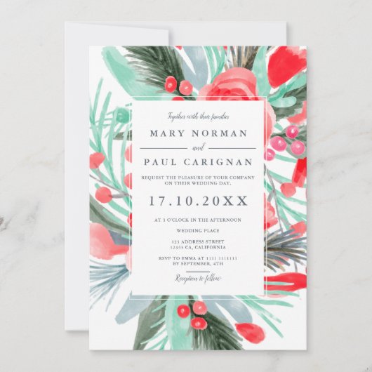 Moderne bruine waterverf bruiloft met roodgroene r kaart (Voorkant)