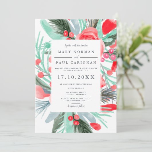 Moderne bruine waterverf bruiloft met roodgroene r kaart (Staand voorkant)