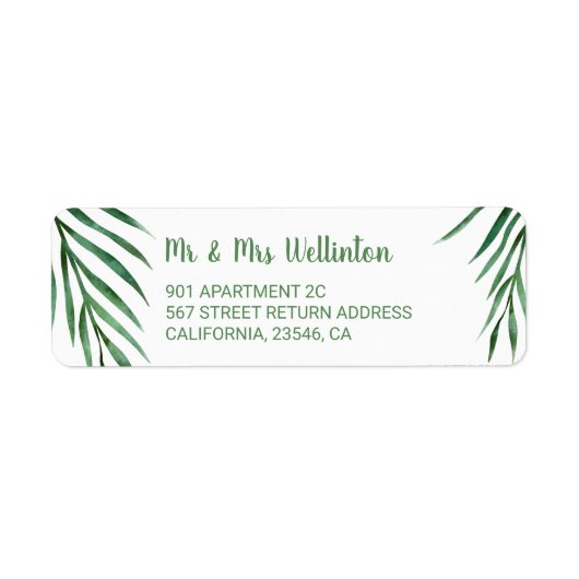 Moderne bruinpalmboombladbruiloft etiket (Voorkant)