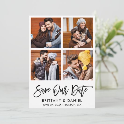 Moderne Brush Script 4 Foto Save Our Date Kaart (Staand voorkant)