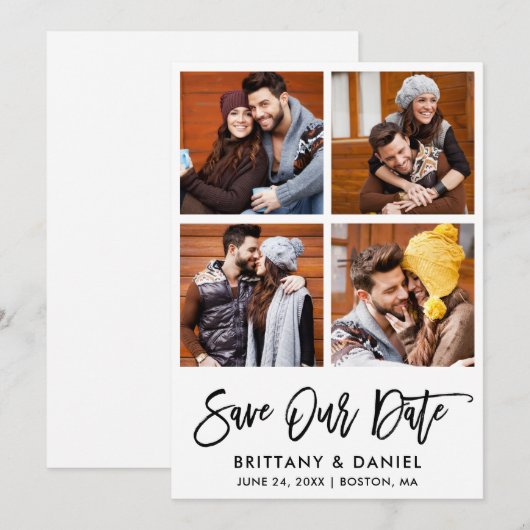 Moderne Brush Script 4 Foto Save Our Date Kaart (Voorkant / Achterkant)
