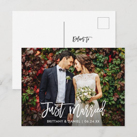 Moderne Brush Script Foto Net Getrouwd Briefkaart (Voorkant / Achterkant)