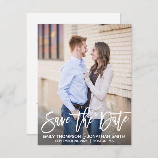 Moderne Brush Script Foto Save the Date Kaart (Voorkant / Achterkant)