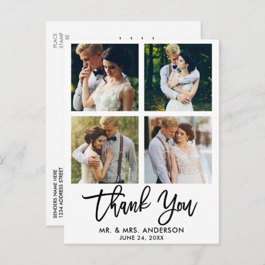 Moderne Brush Script Huwelijk 4 Foto Dank Je Briefkaart (Voorkant / Achterkant)