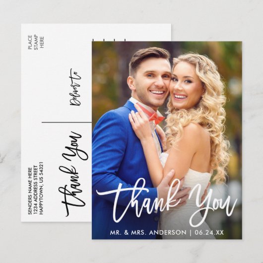 Moderne Brush Script Huwelijksfoto Dank Je Briefkaart (Voorkant / Achterkant)