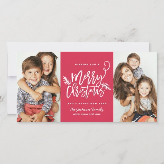Moderne Brush Script Kerstvakantie 2-foto Rood Feestdagenkaart (Voorkant)