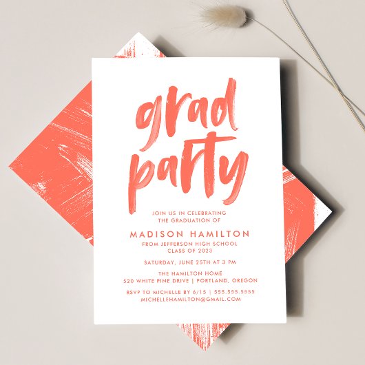 Moderne Brush Script Koraal Afstudeerfeest Kaart