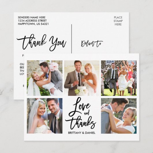 Moderne Brush Script Liefde Dank 5 Foto Huwelijk Briefkaart (Voorkant / Achterkant)