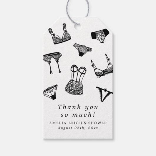 Moderne Brush Script lingerie Bruids douche Cadeaulabel (Voorkant)