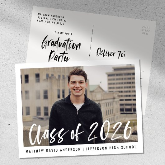 Moderne Brush Script Omlijst Foto Afstudeerfeest Briefkaart