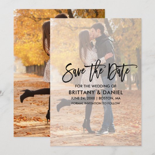 Moderne Brush Script-overlay Save The Date-kaart Date (Voorkant / Achterkant)