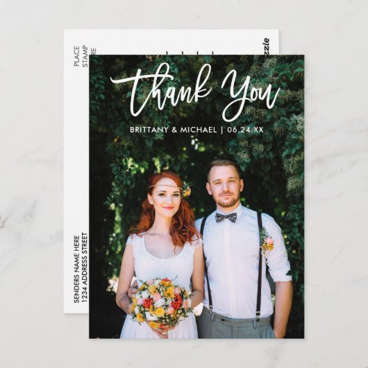 Moderne Brush Script Trouw Bruid Bruidegom Foto Wt Briefkaart (Voorkant / Achterkant)