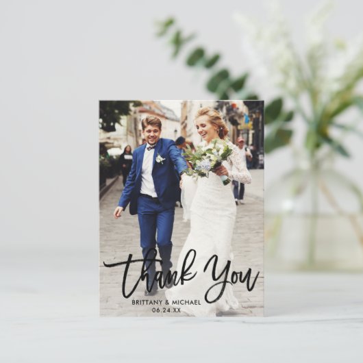 Moderne Brush Script | Trouwfoto Bedankt Briefkaart (Staand voorkant)