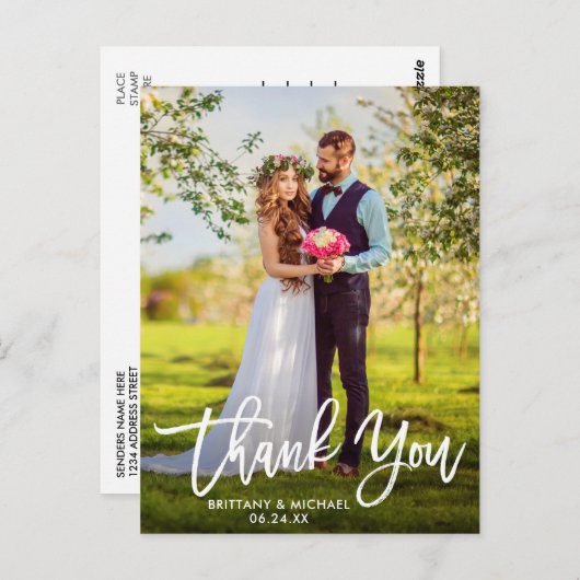 Moderne Brush Script | Trouwfoto Bedankt W Briefkaart (Voorkant / Achterkant)