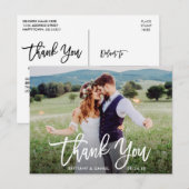 Moderne Brush Script Trouwfoto Bedankt W Briefkaart (Voorkant / Achterkant)