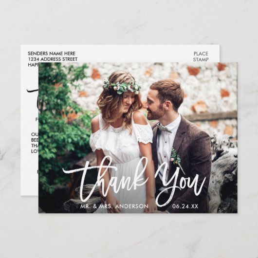 Moderne Brush Script Trouwfoto Bedankt Wit Briefkaart (Voorkant / Achterkant)