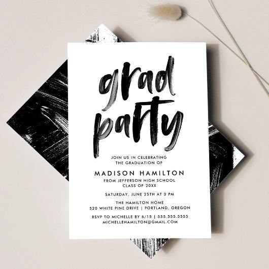 Moderne Brush Script Zwart-Wit Afstudeerfeest Kaart