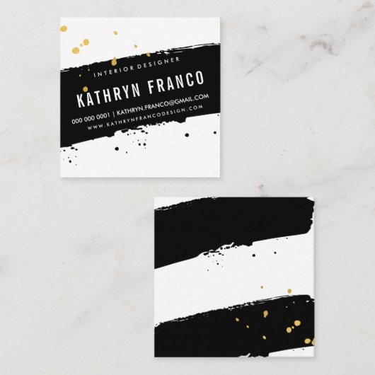 MODERNE BRUSH STROKE stijlvolle zwart gouden splat Vierkante Visitekaartje (Voorkant / Achterkant)
