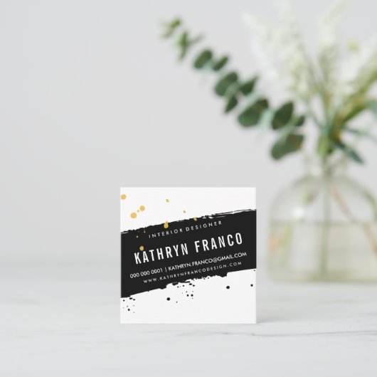 MODERNE BRUSH STROKE stijlvolle zwart gouden splat Vierkante Visitekaartje (Staand voorkant)