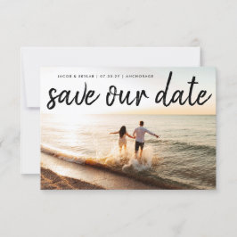 Moderne Brush Zwarte Tekst Foto Huwelijk Save The Date