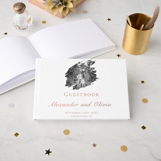 Moderne Brushstroke Fotobruiloft | Wit Gastenboek (Voorkant open)