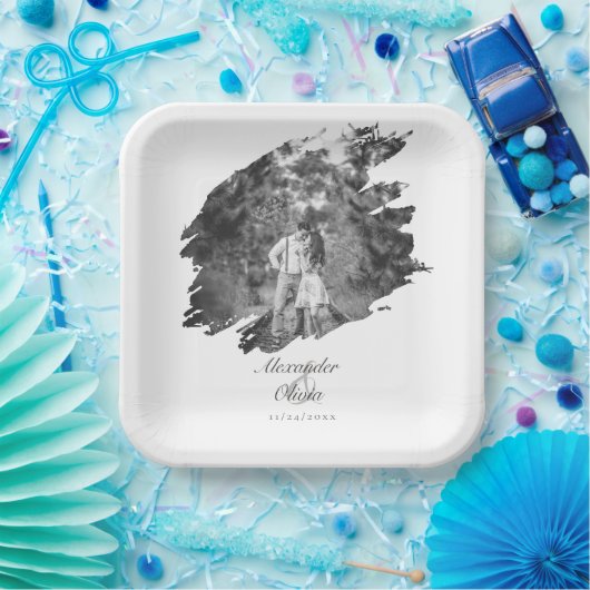 Moderne Brushstroke Fotobruiloft | Wit Papieren Bordje (Feest)