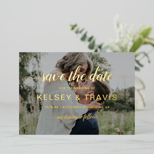 Moderne brute foto's bewaren de datum goud folie uitnodiging (Staand Voorkant)